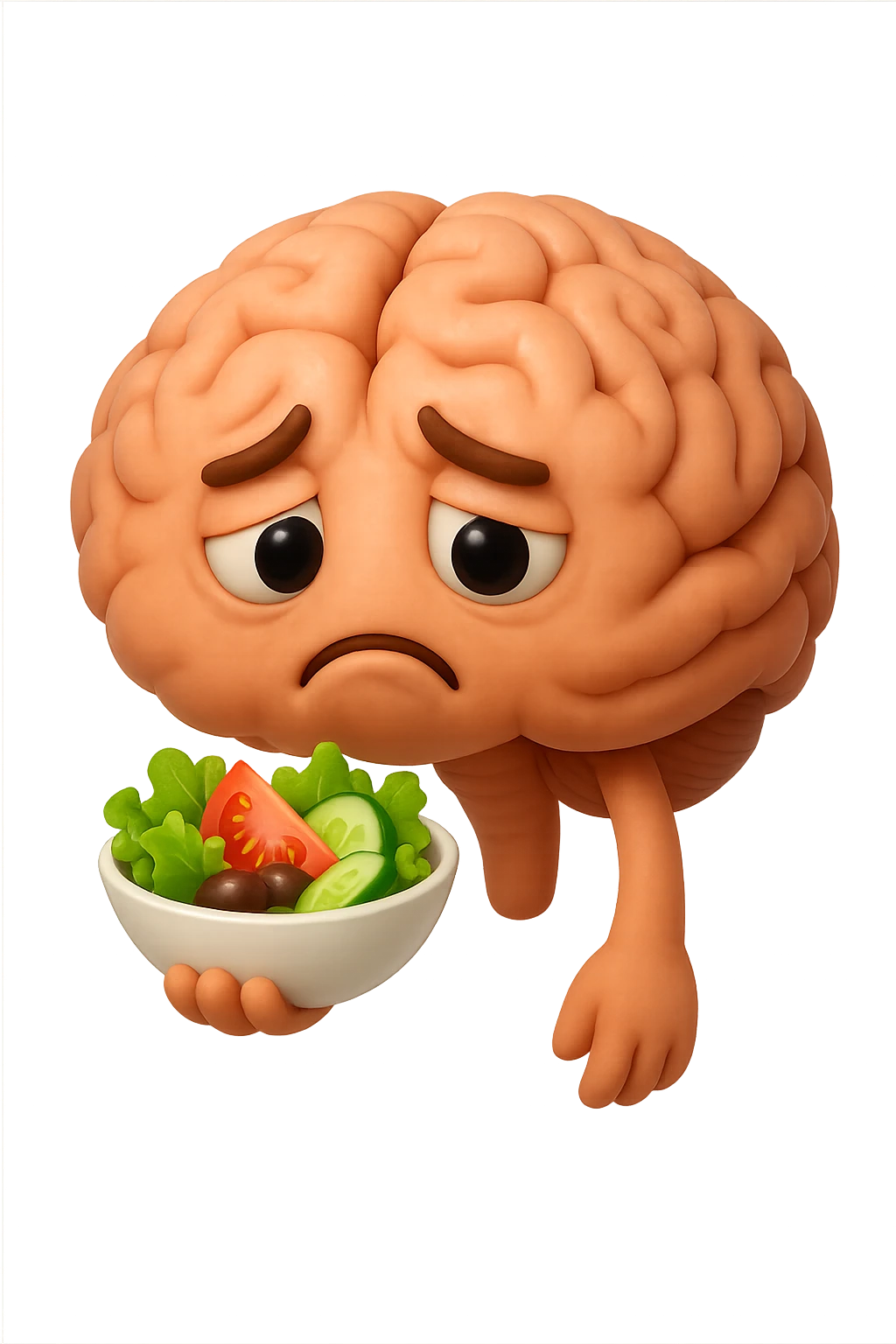 EMOJI STILE IPHONE 3D DI UN cervello umano che tiene in mano un insalata con espressione triste, iperrealistico 4k emoji