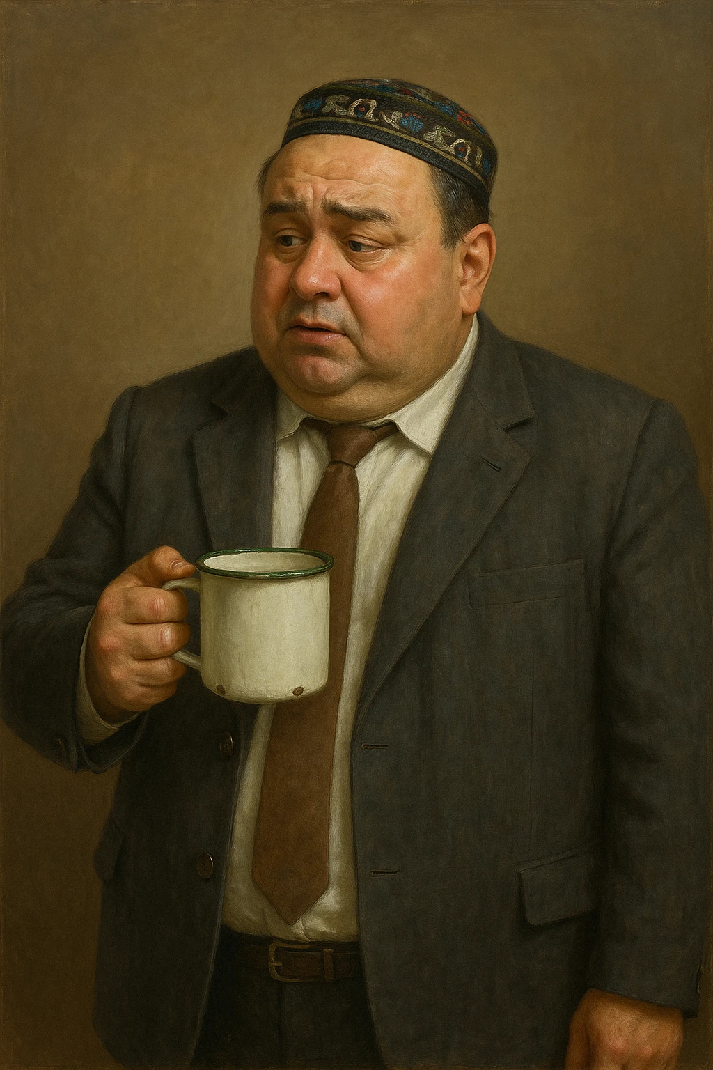 Сгенерируй мне с кружкой толстого чиновника в пиджаке и узбекской тюбитейке, он стоит как будто ждет что в кружку что то нальют, в стиле реалистичной живописи на однородном фоне. Кружка металическая советская. Он должен не обрезаться краями изображения и полностью помещаться в экран.  emoji