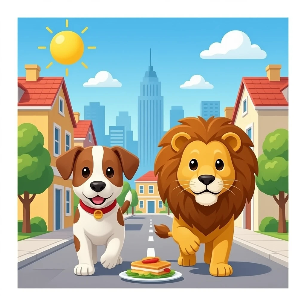 hazme un perro y un leon caminando por un puebloque estan comiendo emoji