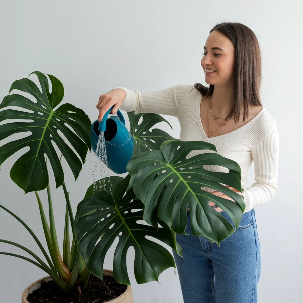 woman watering her monstera plant emoji