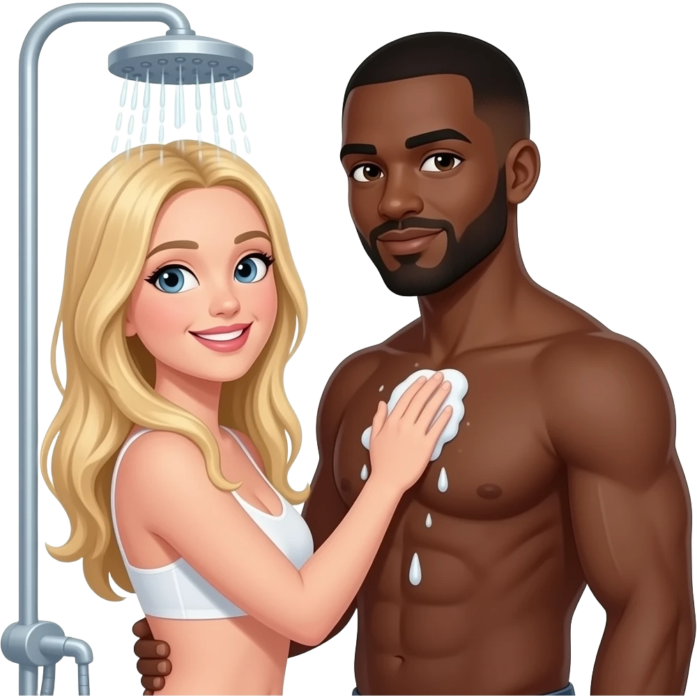 Naked Blonde girlfriend taking a shower together with black boyfriend with bald head emoji