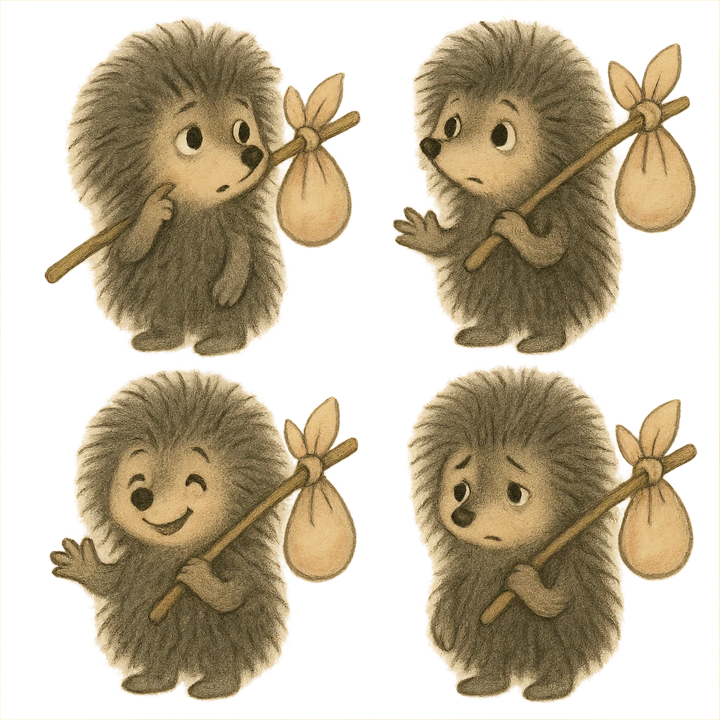 emoji set of a fluffy, thoughtful hedgehog from a Soviet cartoon, holding a bindle, in the style of Soviet animation with soft colors, transparent background, various emotions and poses emoji