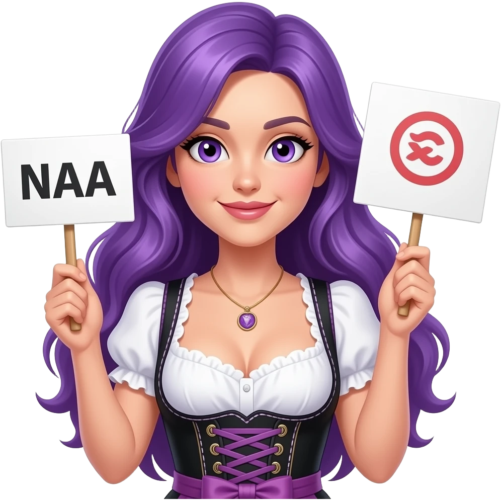 sexy girl with long purple hair and purple eyes wearing a dirndl holding a NAA sign emoji