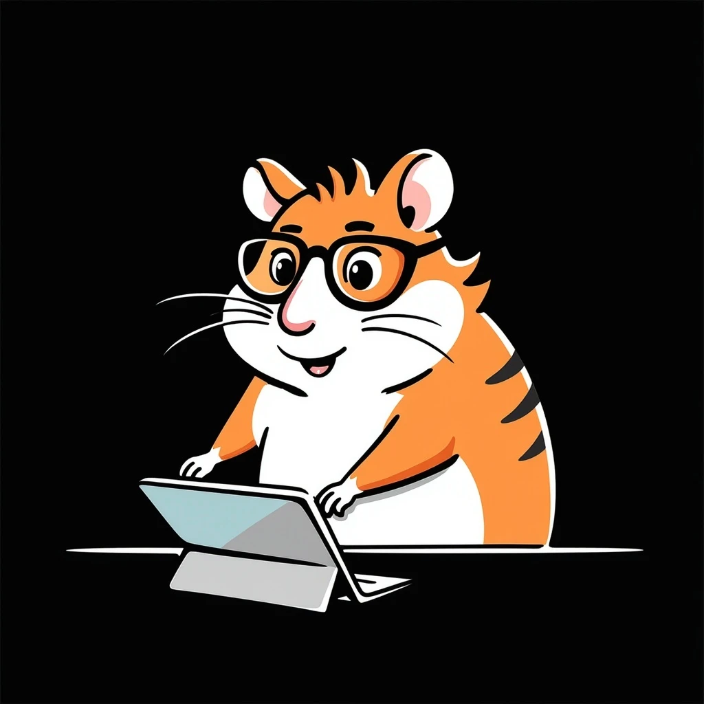 unique colorful hand-drawn modern semi-realistic hamster with cool glasses creating a design or making animations showing creative action on solid black background illustrated in Procreate on an iPad emoji