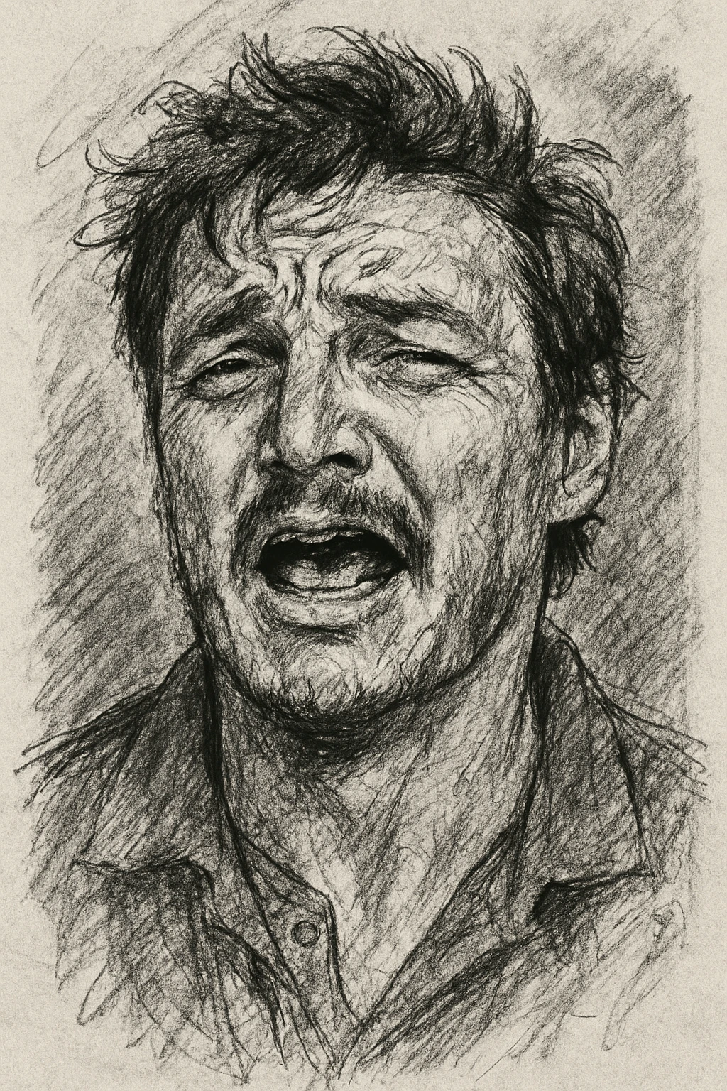 hand-drawn sketch of Pedro Pascal with expressive face emoji
