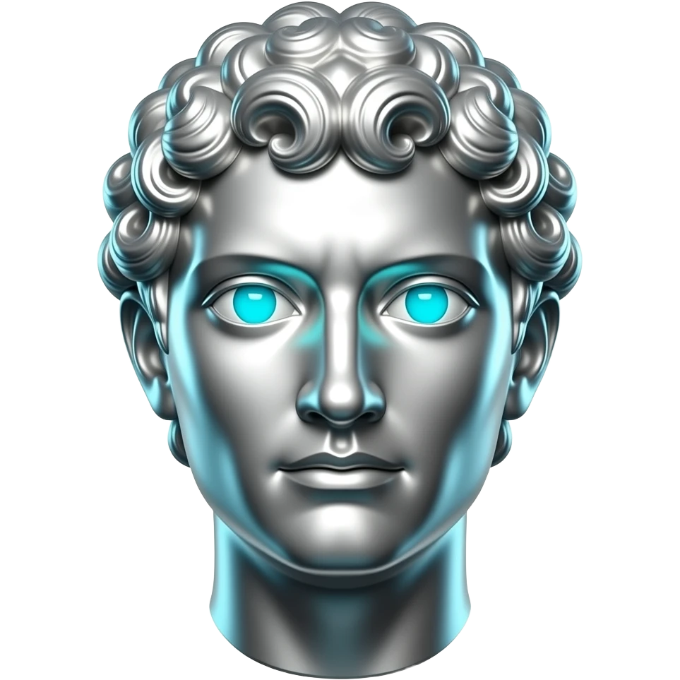 A polished chrome stoic Greek statue head front facing with glowing cyan (#00D4B1) eyes, no background. Metallic reflections with subtle cyan light accents. with cash falling in the background emoji