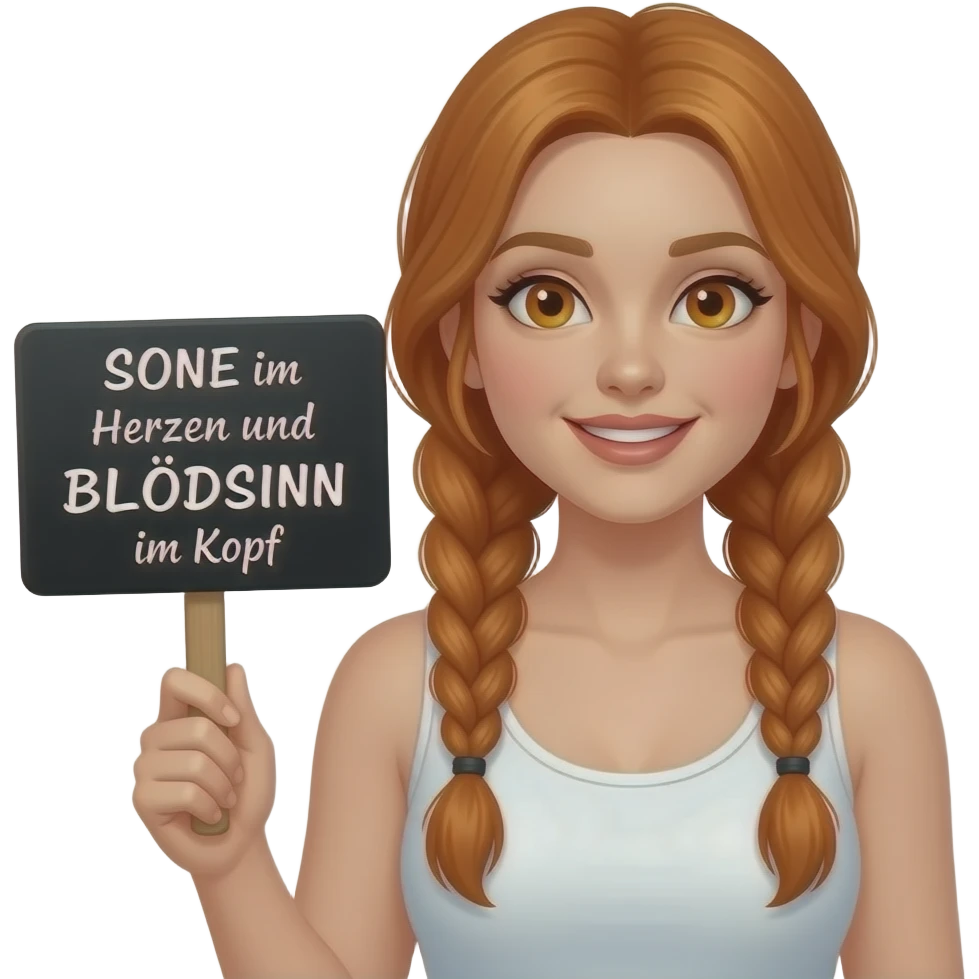 sexy girl with long ginger braids and ginger eyes wearing a white tanktop is holding a black sign with SONNE im Herzen und BLÖDSINN im Kopf written on it emoji