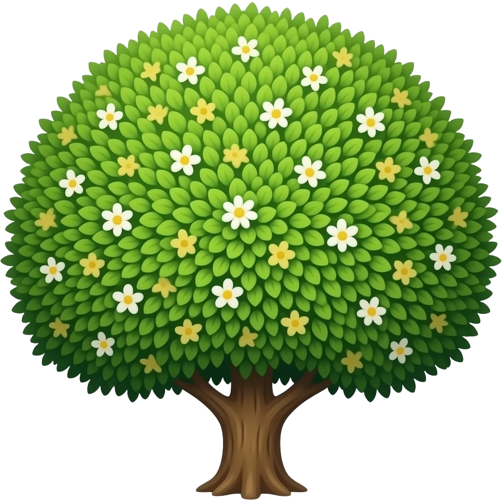 Apple-style blooming tree, round soft green canopy. No pot, no ground — only the tree. Small white and yellow flowers inside the leaves. Flat 2D vector, clean shapes, no gradients. Dark near-black background, premium fintech icon. emoji