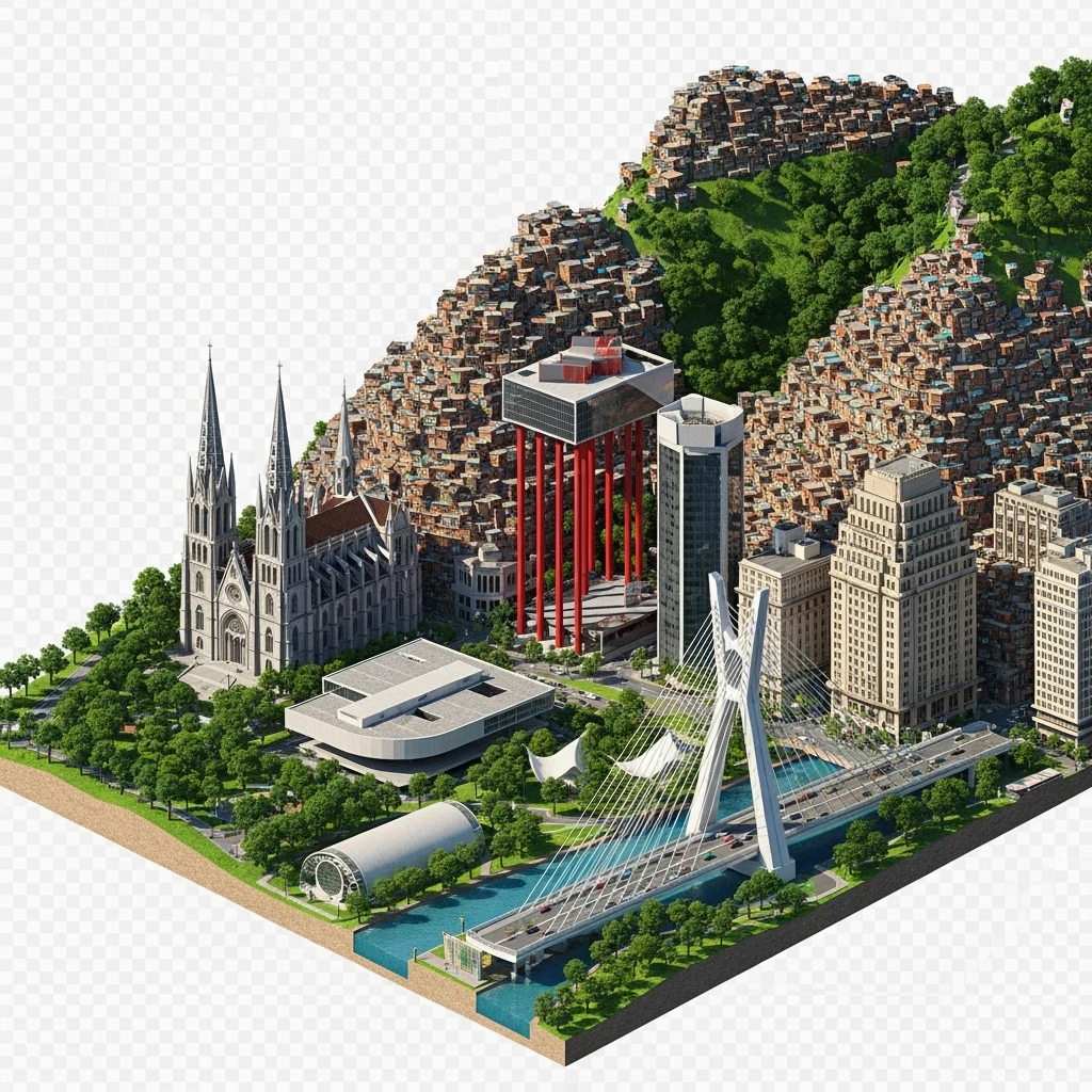 Isometric miniature of São Paulo Catedral da Sé, photorealistic MASP, Octávio Frias Bridge, and Altino Arantes building, favelas on hillsides, dense chaotic urban blocks, and green parks 3D miniature effect and Tilt Shift effect, no cartoonish look, transparent background. emoji