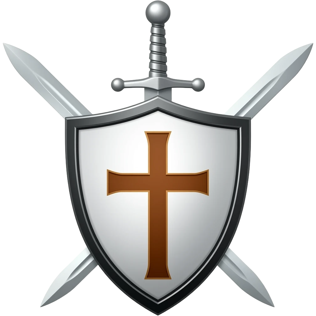 un escudo blanco con bordes negro y una cruz cafe y una espada de acero por detras del escudo en la mitad con un mango en forma de cruz y el mando este en la parte superio emoji