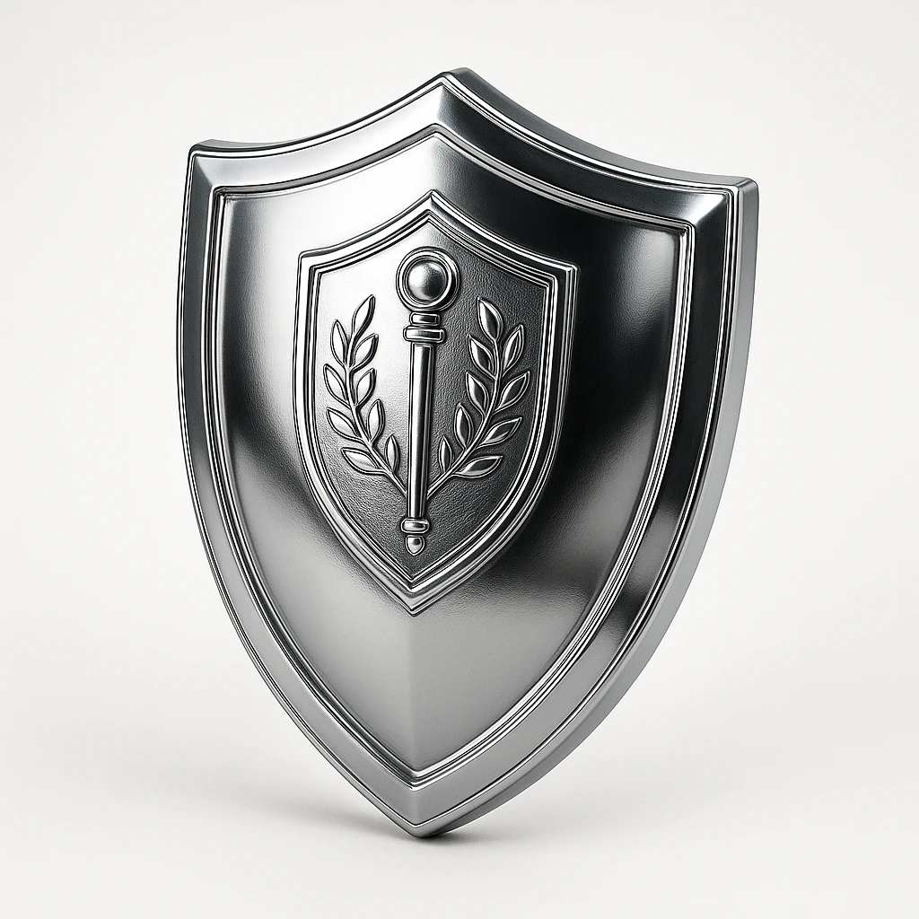 a chrome shield with a staff emblem, symbolizing protection, unity, and the best qualities of the staff team emoji