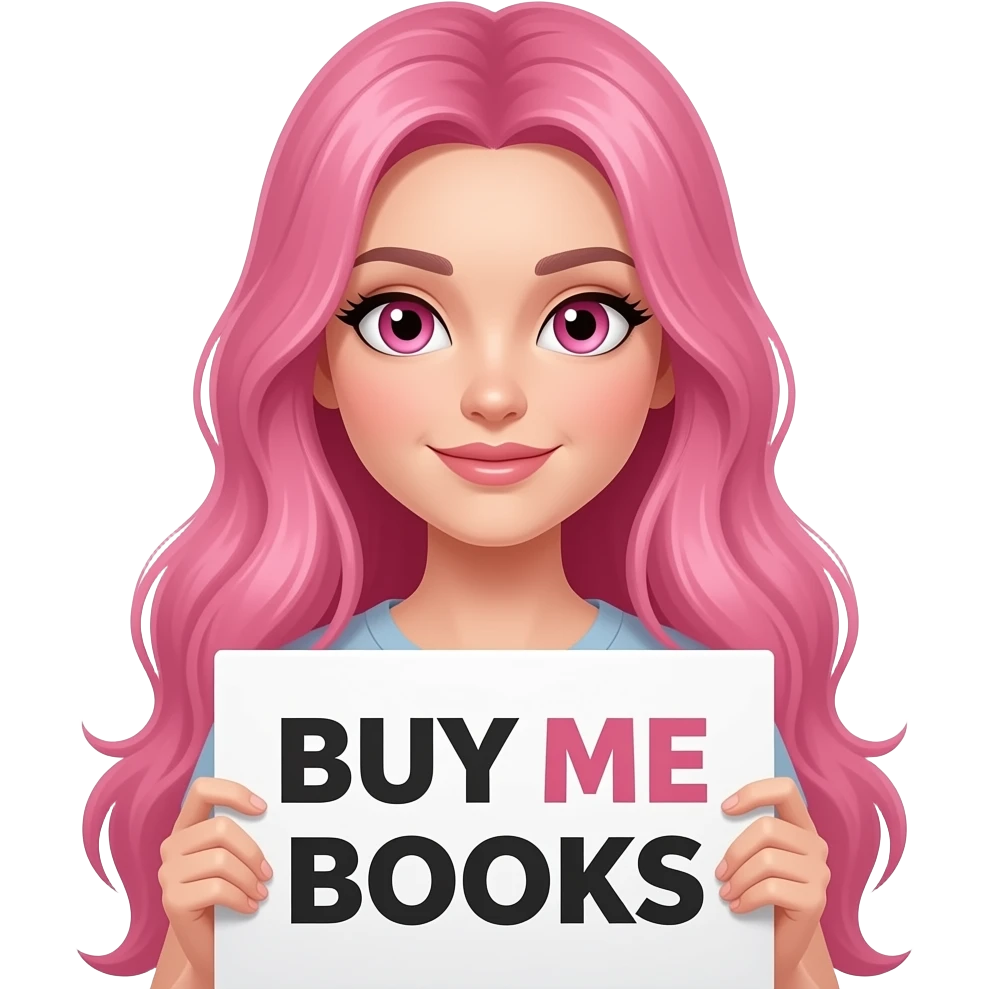sexy girl with long pink hair and pink eyes holding a BUY ME BOOKS sign emoji