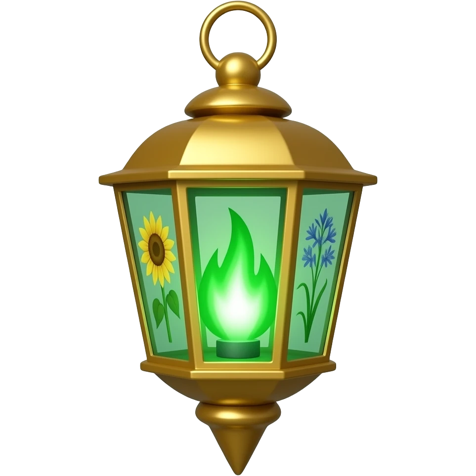 A golden hanging lantern with a bright emerald flames, an empty loop on top, sunflower & asphodel themed lantern, focus more on the green flames, paint the glass more green, have its bottom point come to some sort of point emoji