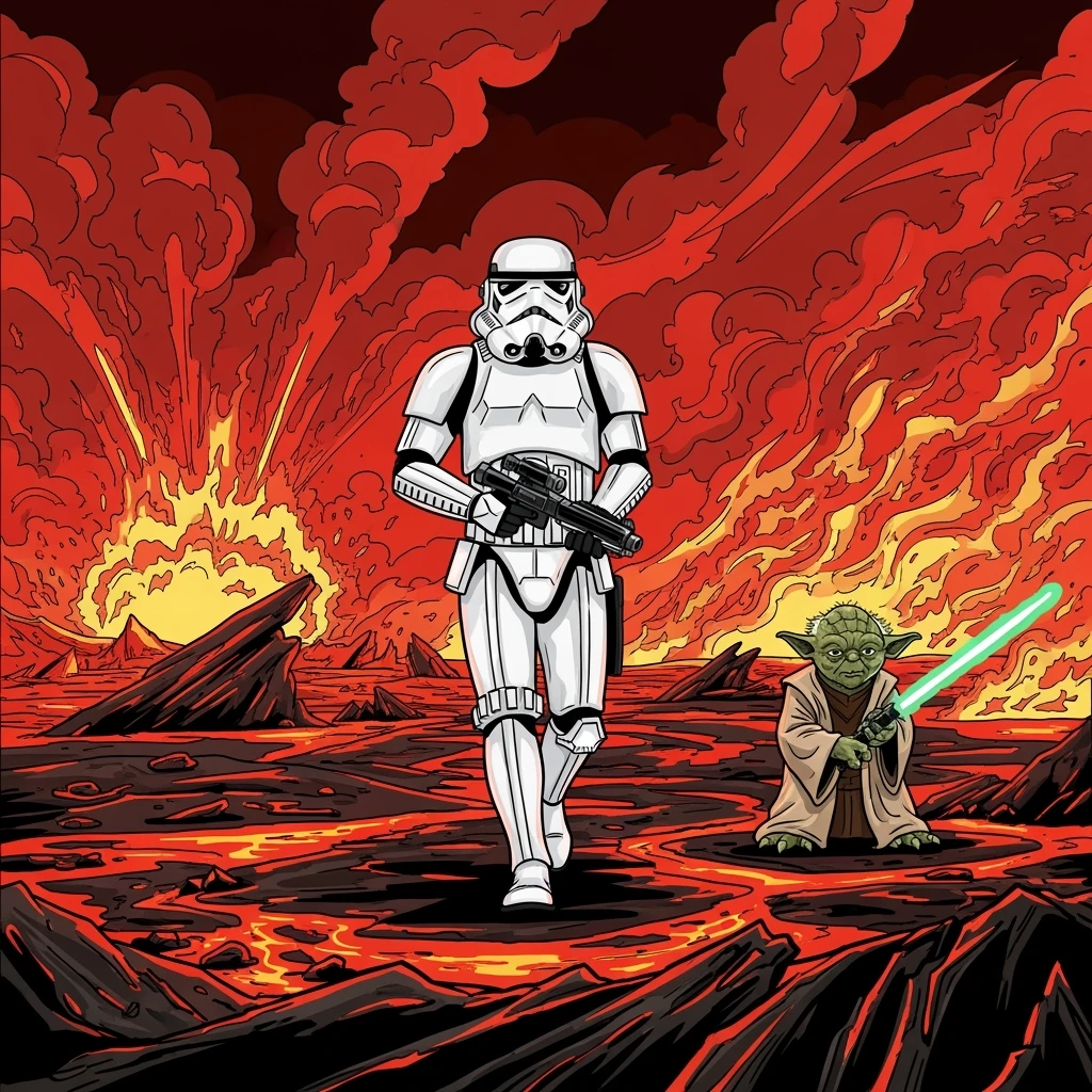 vector art of a Starwars stormtroopers is walking on lava planet with yoda, battleground background 
 emoji
