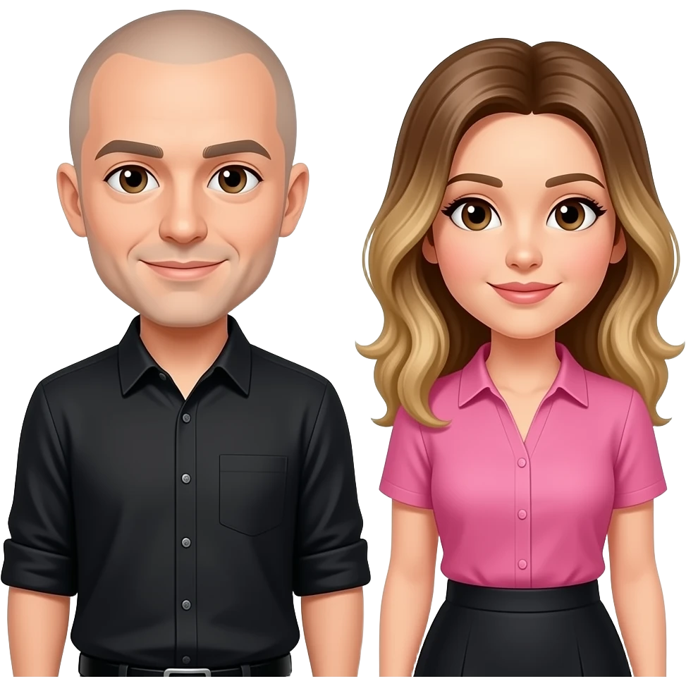 Emoji of a White man with Brown eyes shaved hair wearing black shirt with woman with Brown and blonde hair wearing a pink shirt and black skirt with Brown eyes emoji