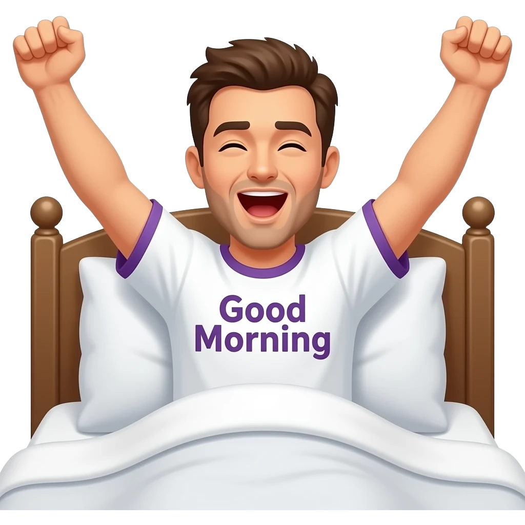 a man waking up in bed with arms fully stretched and yawning with the words "Good Morning" in purple printed across emoji