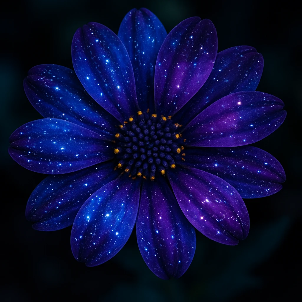 a vibrant flower with petals resembling a galaxy, deep blues and purples, scattered stardust, ethereal look emoji