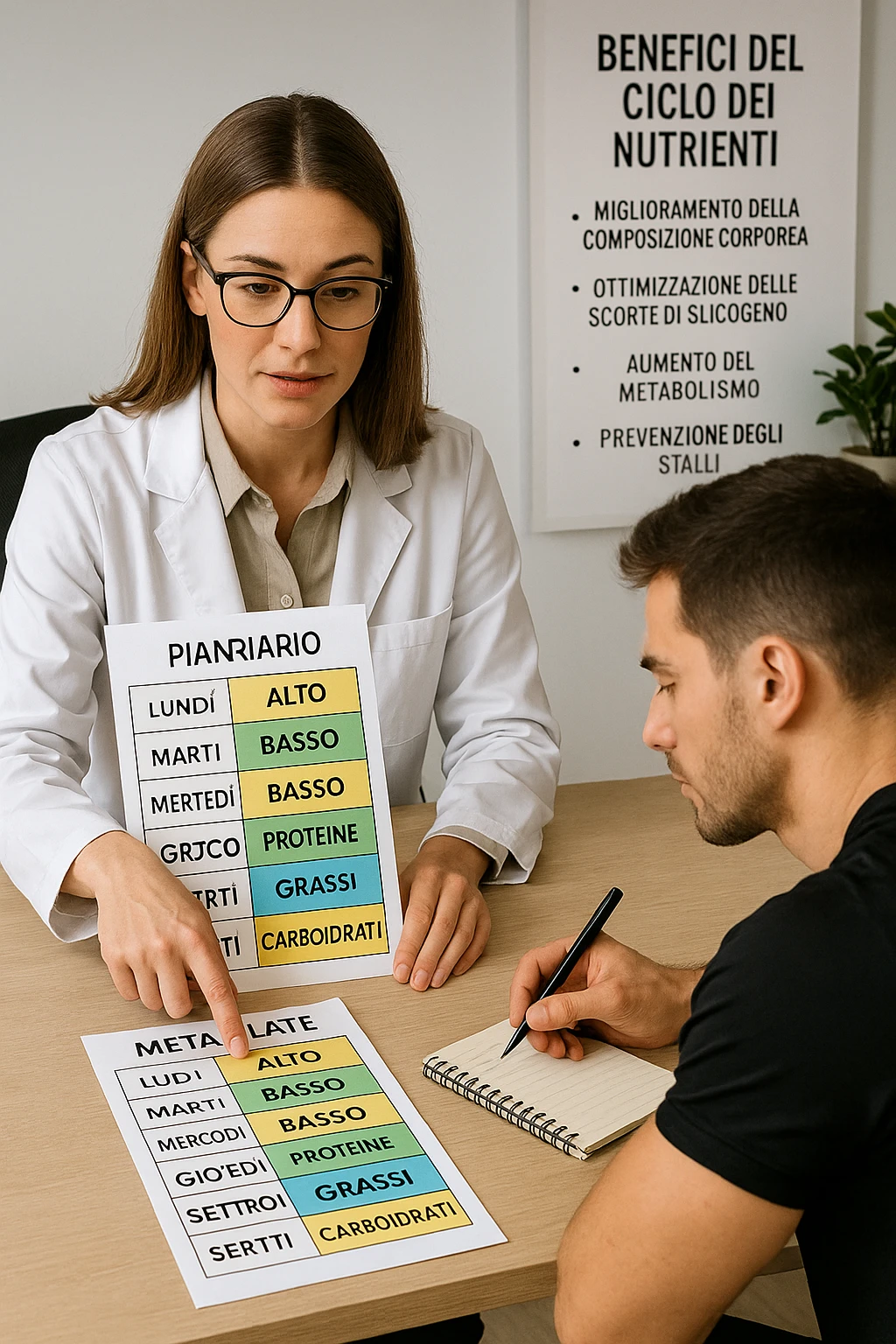 A professional and educational scene where a nutritionist explains to an athlete how to cycle macronutrients for fat loss and training. On the desk, there is a vertical weekly meal planner with alternating high and low carbohydrate days, with colored sections for proteins, fats, and carbohydrates. The athlete is taking notes. In the background, a chart illustrates the benefits of nutrient cycling. All text is written in Italian and displayed vertically. The atmosphere is professional and educational. emoji