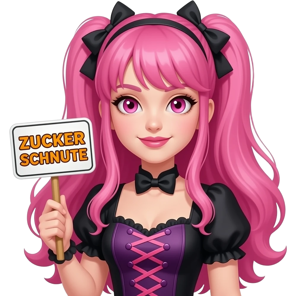 sexy girl with long pink hair and pink eyes wearing a halloween dress holding a ZUCKER SCHNUTE sign emoji