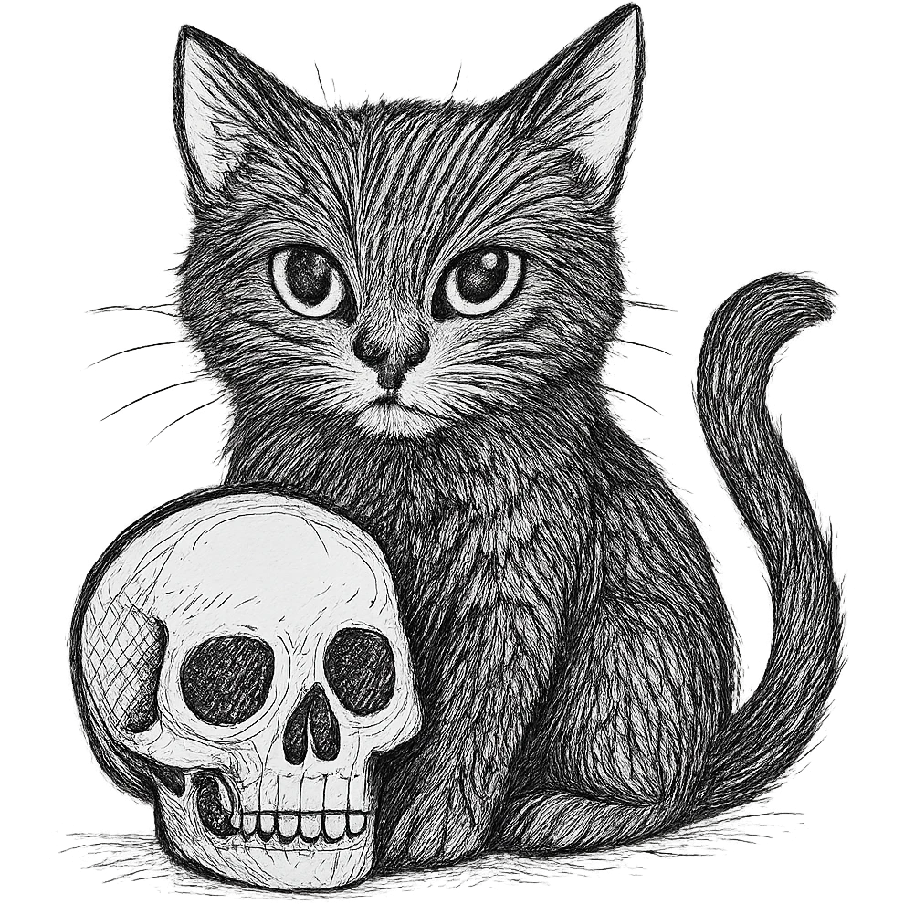 Make the black cat more detailed while keeping the hand-drawn sketch line art style, with no background. emoji