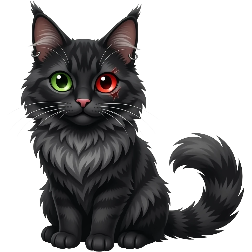 black mainecoon cat with one green eye and one red eye with scar over it and a pink nose and piercings on ears emoji