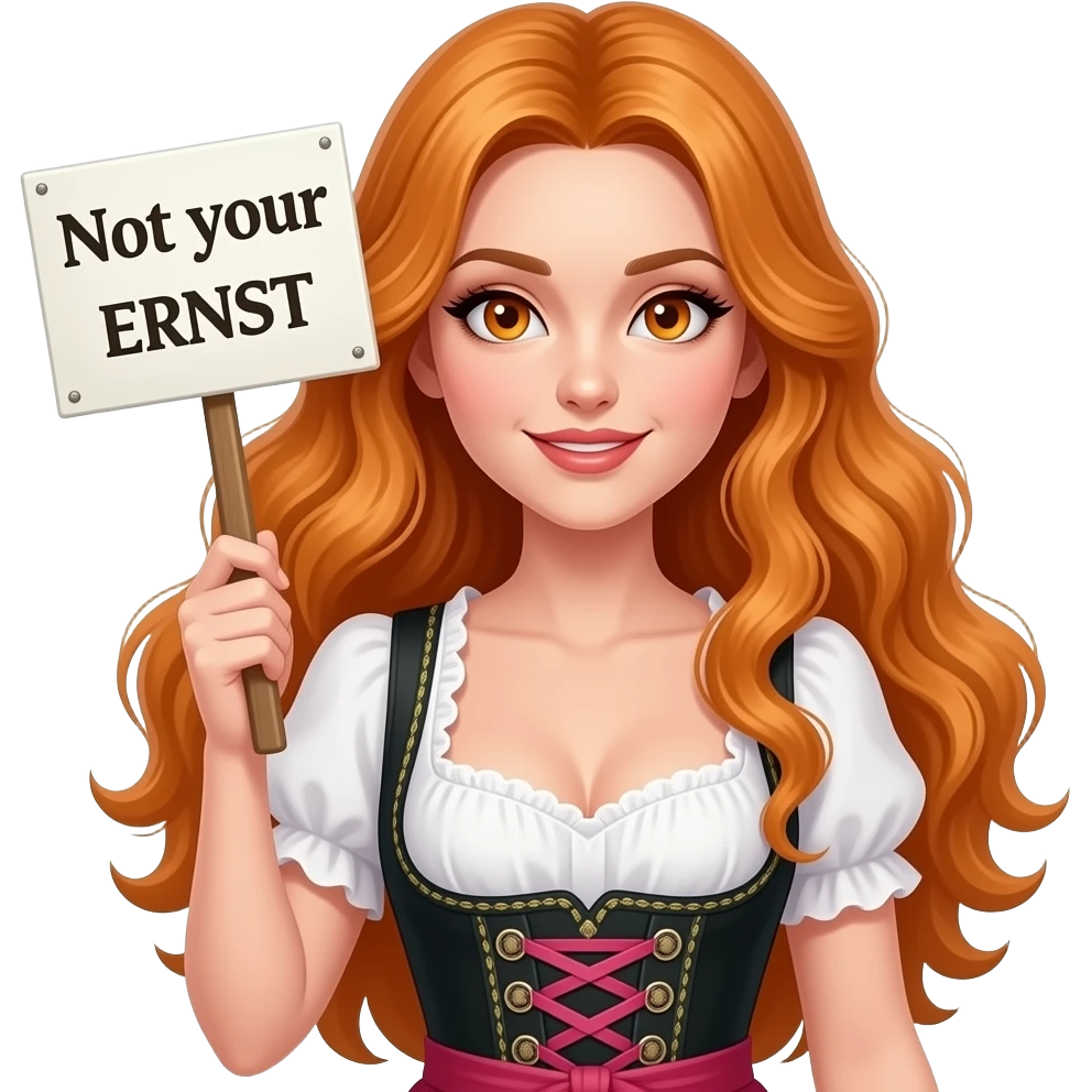 sexy girl with overlong ginger hair and ginger eyes wearing a dirndl holding Not your ERNST sign emoji