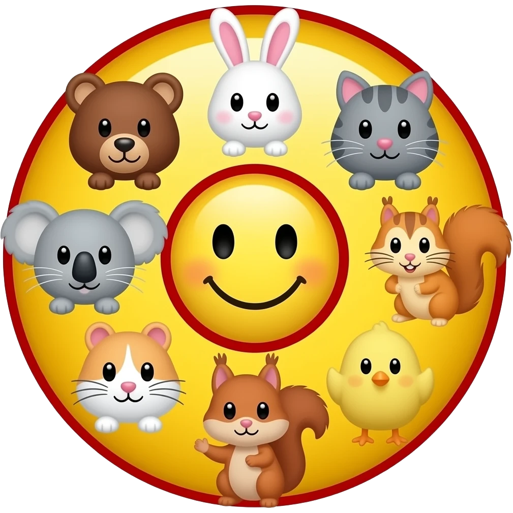 Smiley emoticon in the centre, serrounded by 🐻🐰🐨🐈🐹🐿🐥, with yellow and purple background, red outline emoji