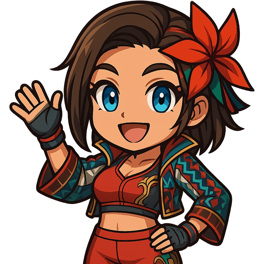 Azucena from Tekken 8 in chibi sticker style, smiling and waving, standard Twitch emote, wearing her detailed red and patterned outfit as shown in the reference images. emoji