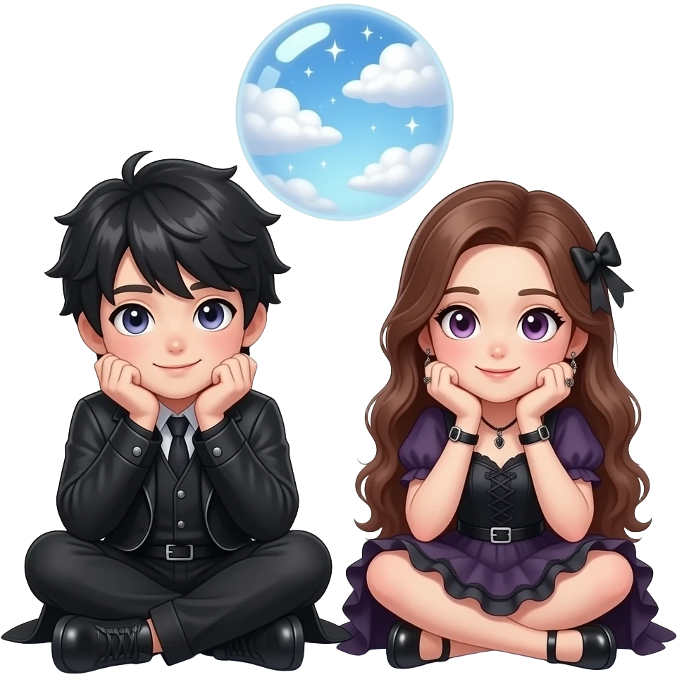 Cute gothic guy and woman sitting next to eachother both with their arms on their knees and their chins resting in their hands. With a dreamy glowy bubble ball in the middle above  them filled with magickal clouds emoji