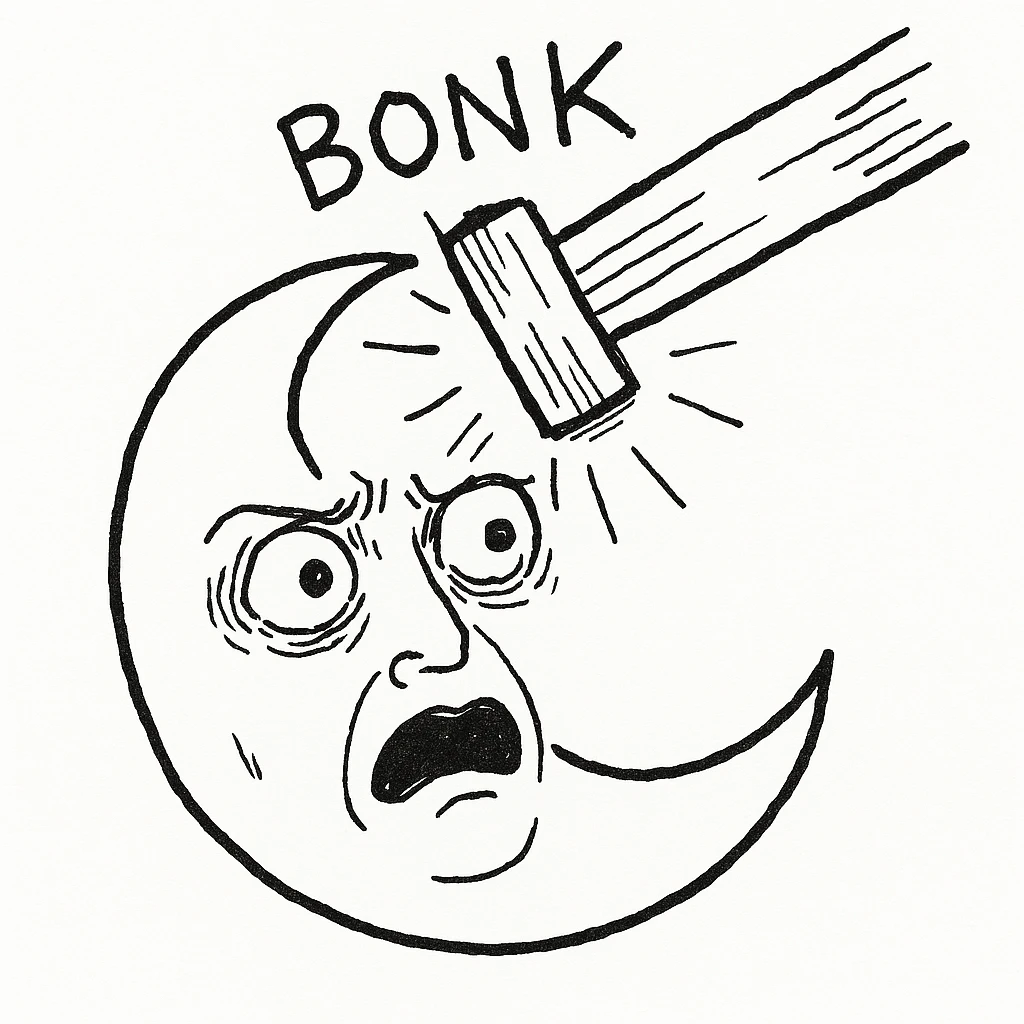 waning crescent moon getting bonked, surprised face, meme style emoji