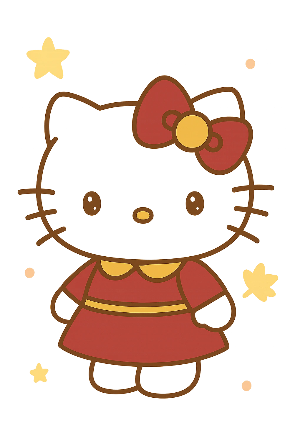 Hello Kitty Autumn Style, with a burgundy and metallic gold bow, and a matching outfit emoji