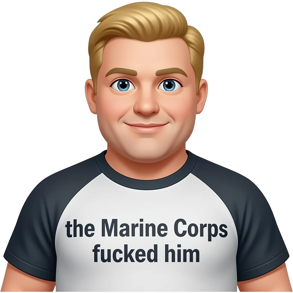 A fat blonde wearing a shirt saying the Marine Corps fucked him emoji