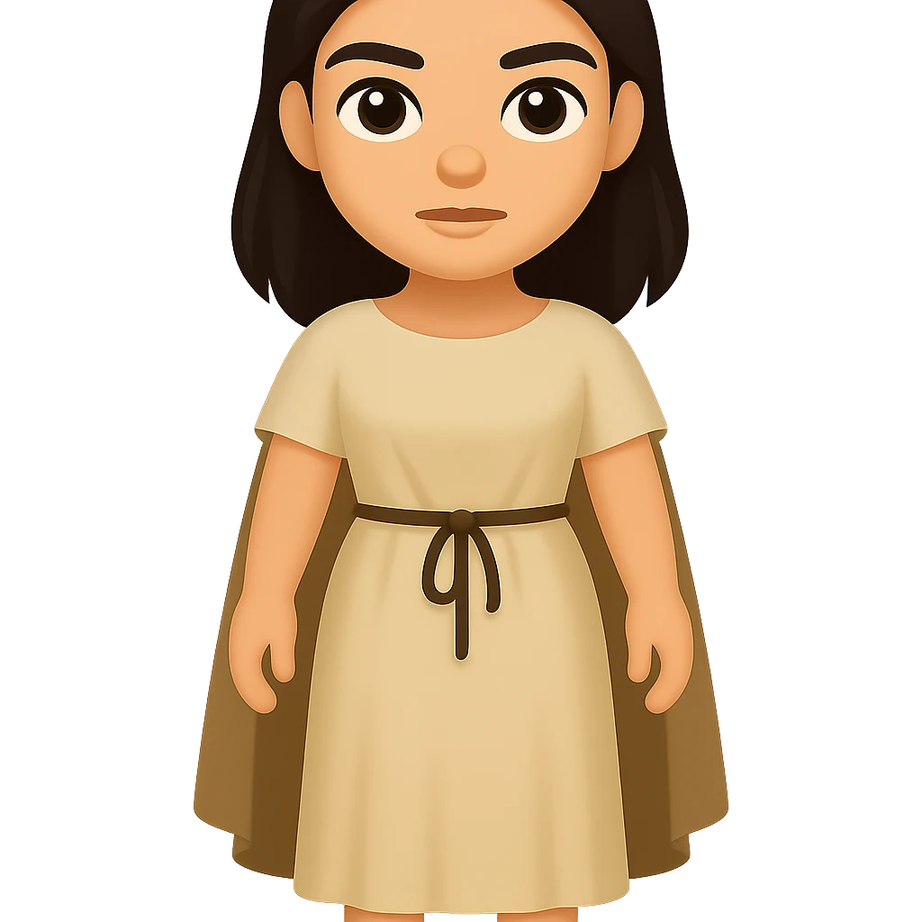 Create a fullbody view of a character in the style and proportions of the reference image. The character should wear a plain light tan dress, have dark hair, and wear a cape like in the reference image. The style is emoji style with a transparent background. emoji