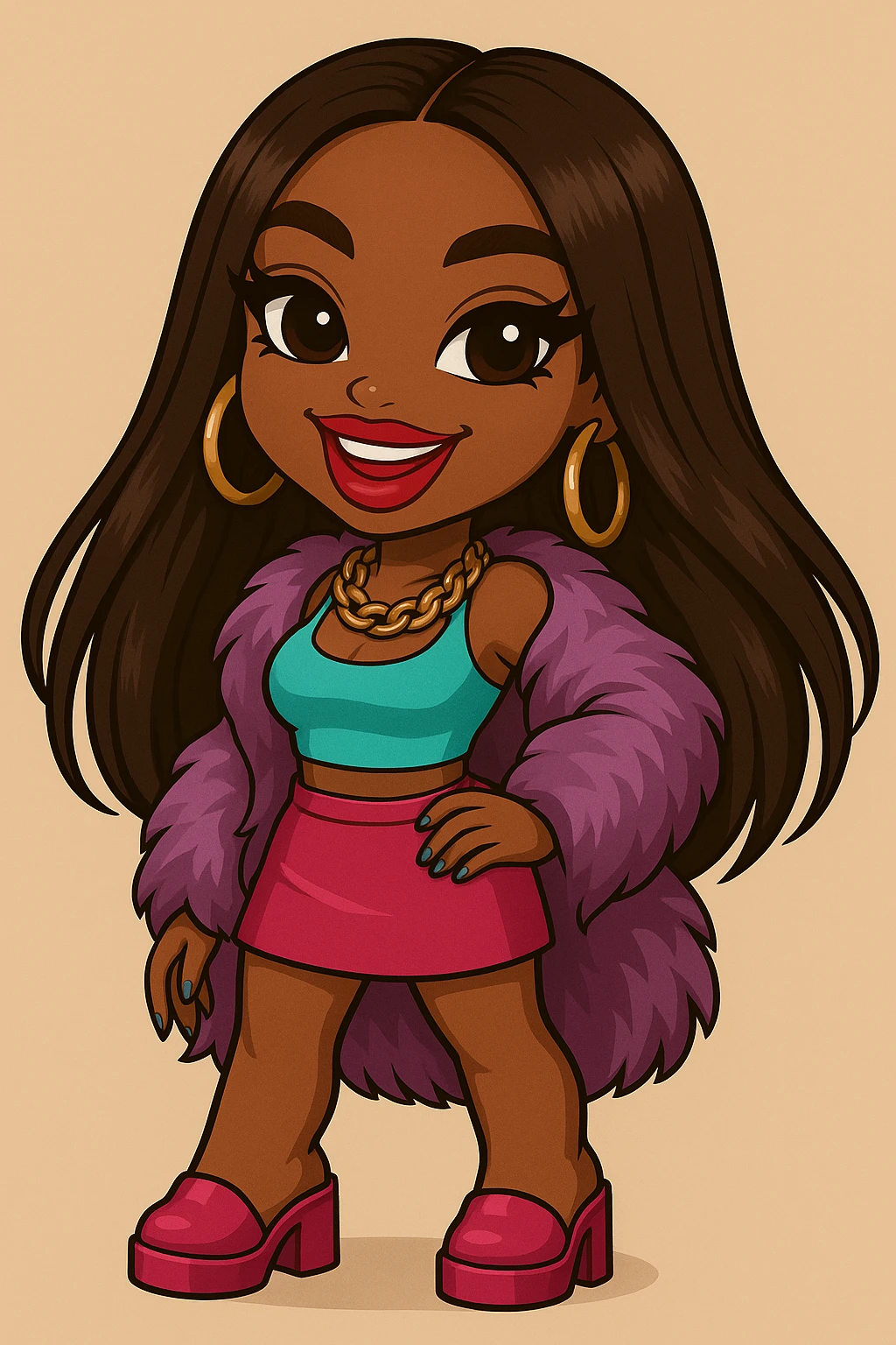 Change her expression to happy, keep her as a 20-year-old anime Bratz style woman with dark skin, dark hair, glamorous evening wear, big expressive eyes, and glossy lips. No tears. Maintain the anime Bratz style look. emoji