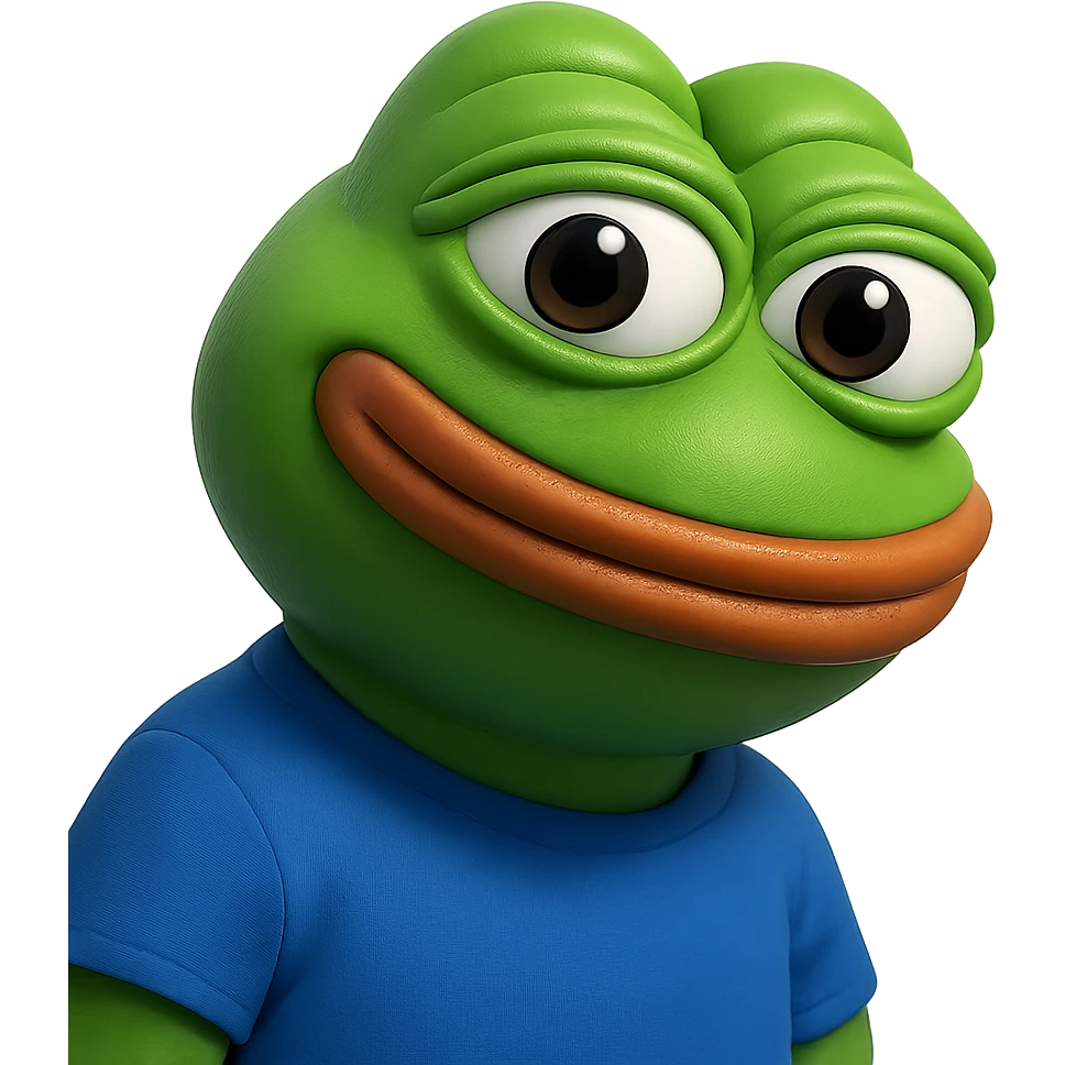 pepe in
- 3d style
- bright green
- blue shirt
- smiling
- looking straight at the camera
- good highlights and shadows
- 30deg angled towards the right
- 20% inset padding emoji