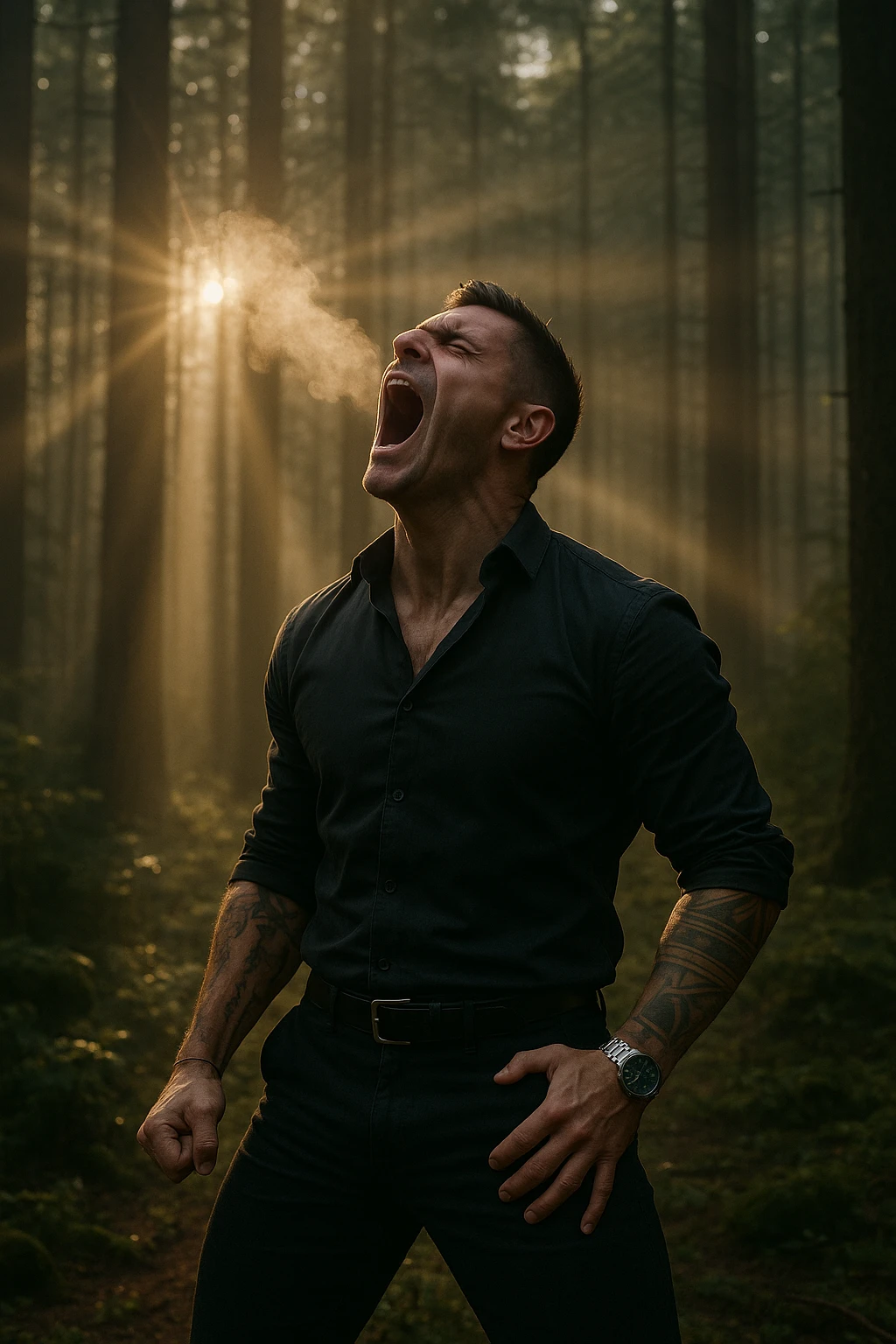 A man screaming towards the sky in a forest, with visible breath vapor and light rays shining through the trees, symbolizing the release of deep tension and the reclaiming of inner peace through cathartic screaming breathwork emoji