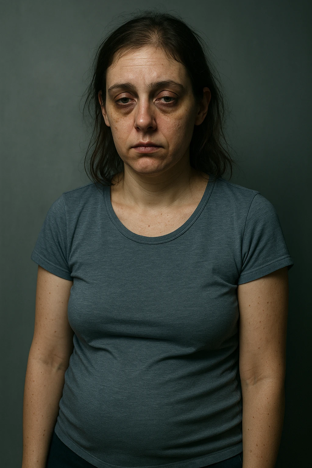 realistic portrait of a fatigued woman with PCOS, visible symptoms such as dull skin, pronounced dark circles, thin hair, abdominal bloating, tired posture, clinical style, dramatic lighting, vertical 2:3 aspect ratio, no text emoji