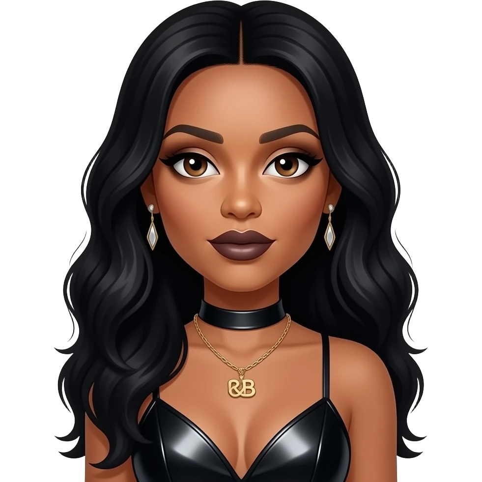Aaliyah with dark brown eyes, long black hair, dark brown eyeshadow and lipstick, black metallic R&B outfit, necklace and earrings emoji