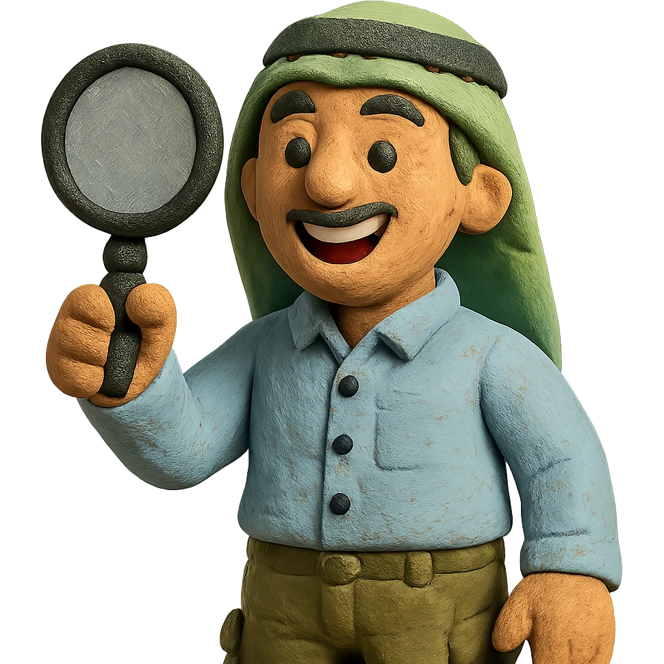 Create a realistic emoji character named Master Hunt. He is a Saudi young adult ,a button-up shirt and cargo pants. In one hand, he holds a magnifying glass, and he has an enthusiastic smile on his face. The background should be transparent , positive work culture. emoji