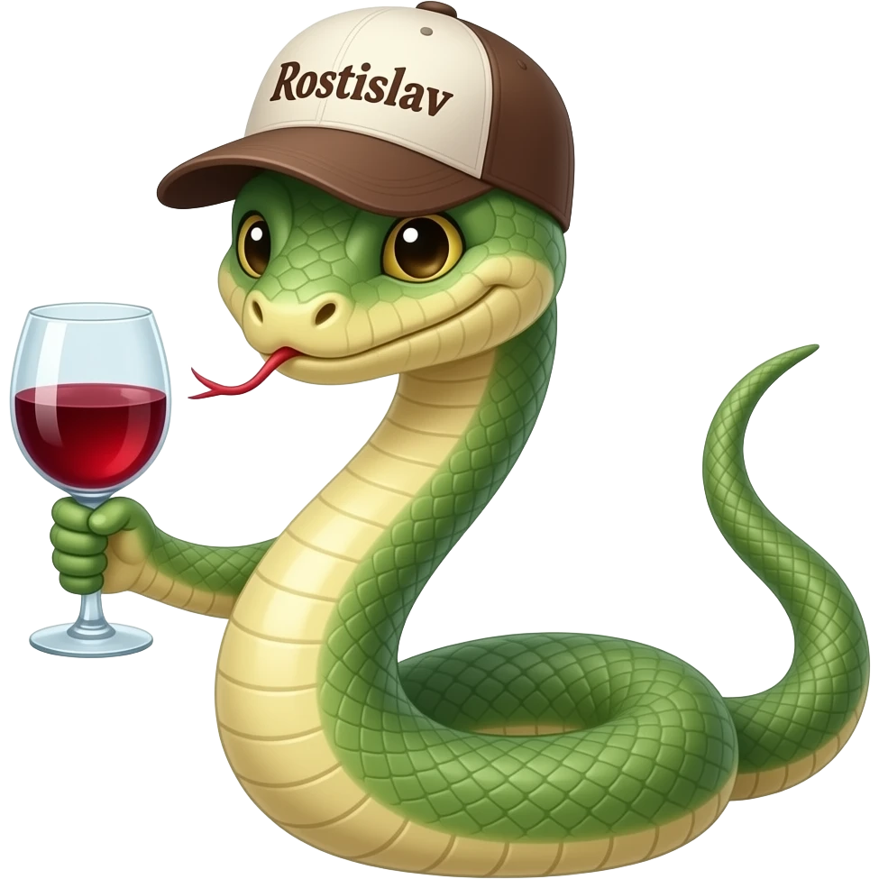 A snake in a cap with the inscription "Rostislav" holding a glass of wine with its tail emoji