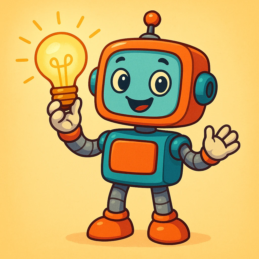 artificial intelligence, friendly robot with lightbulb, cartoon style emoji