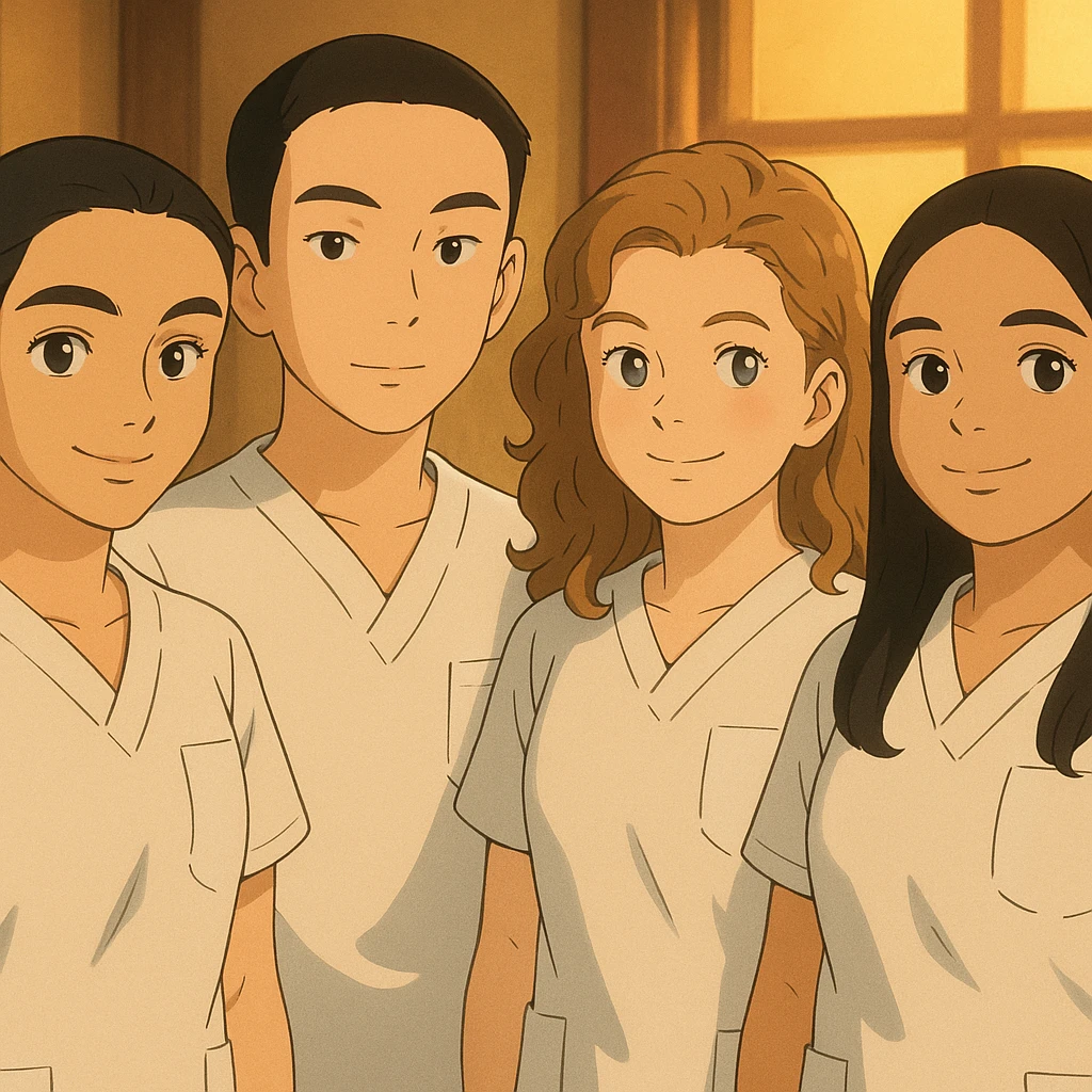 Four nursing students side by side in a warm indoor ambiance, wearing white short-sleeve uniform tops resembling medical tunics with V-neck collars and left chest pockets, no stand-up collars, no hijabs or undergarments beneath the tunics, no stethoscopes. Each student has the face from the provided portraits, styled in Ghibli style, group composition, variation 2. emoji