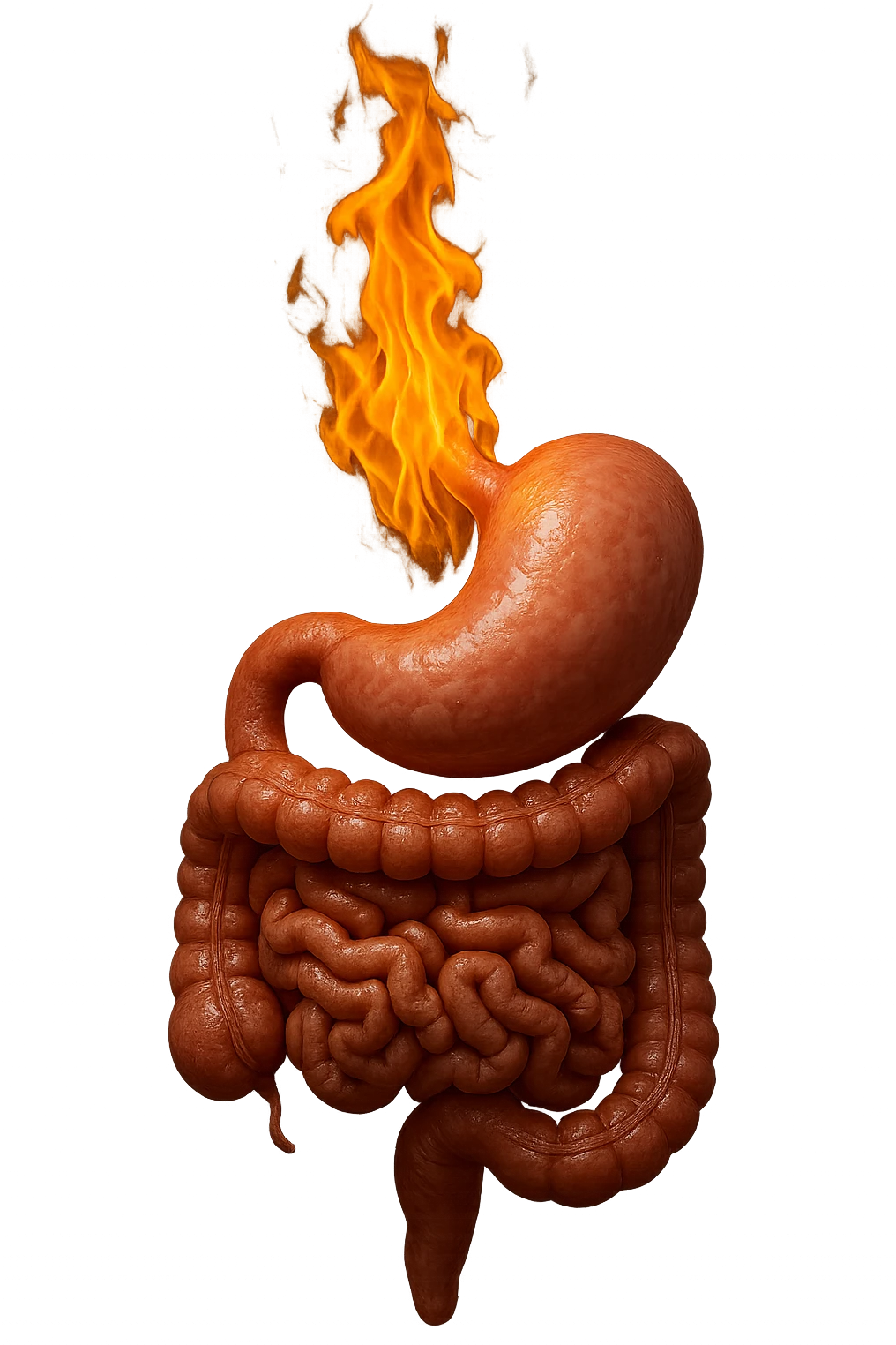 intestino e stomaco sono collegati, con una fiamma che brucia sopra, iperrealistico 4k, non disegnato emoji