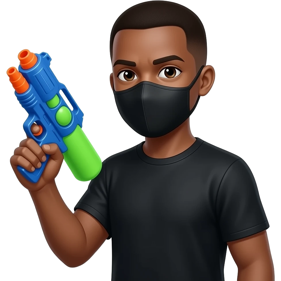 Make him appear to be African-American in all black, but make him holding a water gun wearing a mask emoji