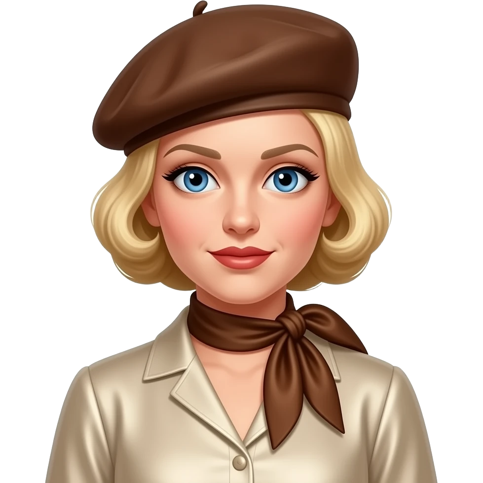 Bonnie Parker from Bonnie & Clyde with blue eyes, strawberry blonde 1930s hair, beige metallic blouse, brown beret, brown silk neck scarf emoji
