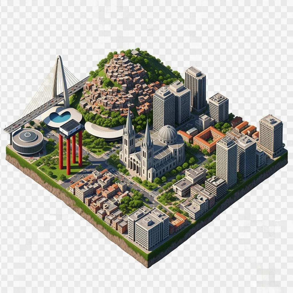Isometric miniature of São Paulo Catedral da Sé, MASP on red pillars, Octávio Frias Bridge, and Altino Arantes building, favelas on hillsides, dense chaotic urban blocks, and green parks 3D miniature effect and Tilt Shift effect, no cartoonish look, transparent background. emoji