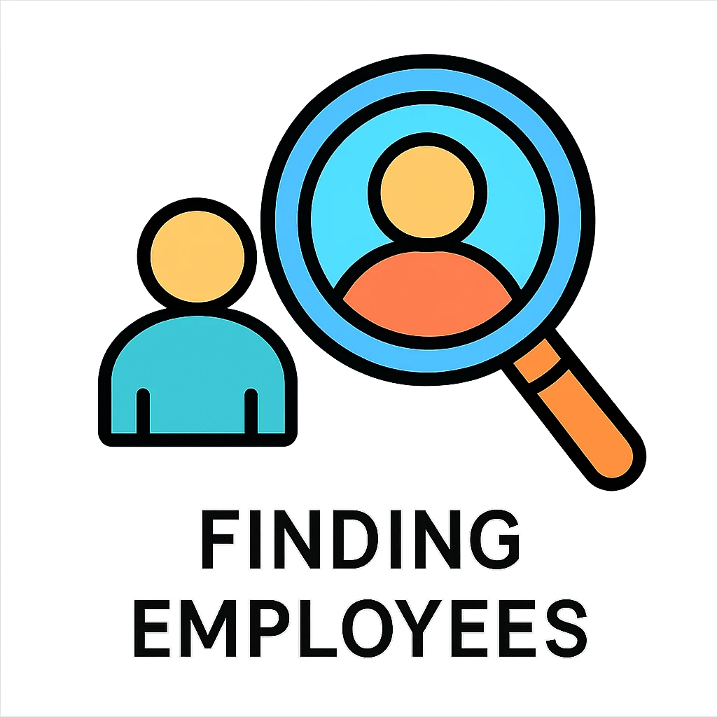 A flat design icon for 'Finding Employees' depicting a magnifying glass over a person, keeping the style professional yet approachable. emoji