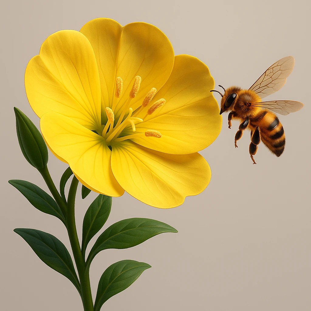 Add maximum volume to the evening primrose flower and the bee, making both very three-dimensional with expressive light and shadow and depth, in a modern 3D iOS style with a clean background. emoji