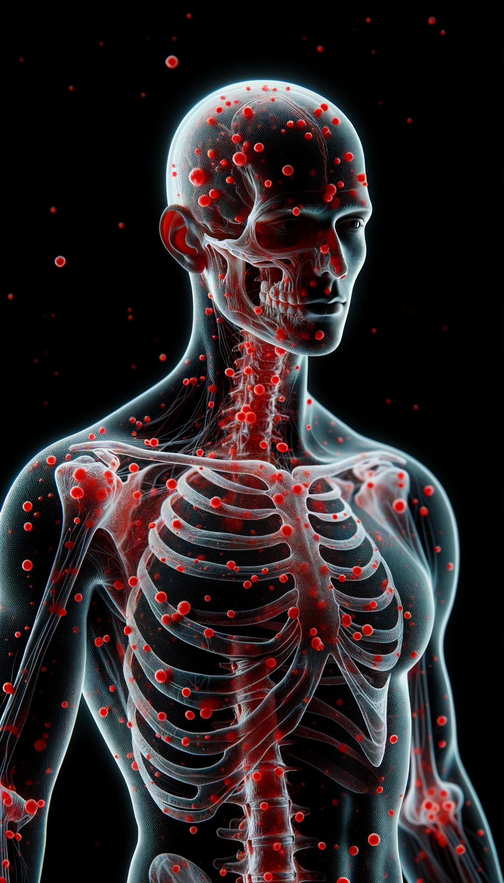 CORPO UMANO ANATOMICO CON RED SPOT DI INFIAMMAZIONE SPARSI SUL CORPO, iperrealistico 4k emoji