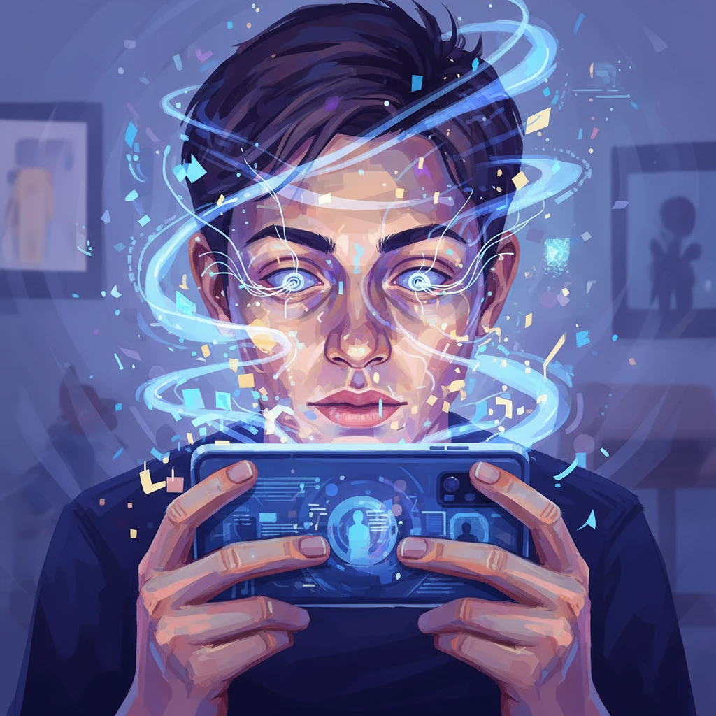 Лицо человека, который держит близко перед лицом смартфон и экран будто бы засасывает его мысли и лицо, слегка рисованный но при этом реалистичный и объемный стиль emoji